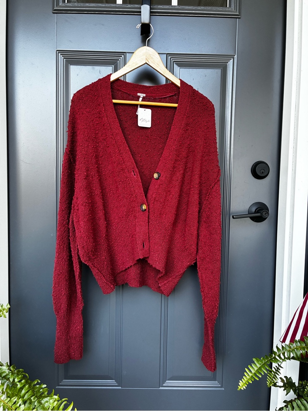 Free People Textured Deep Red V-Neck Button Cardigan